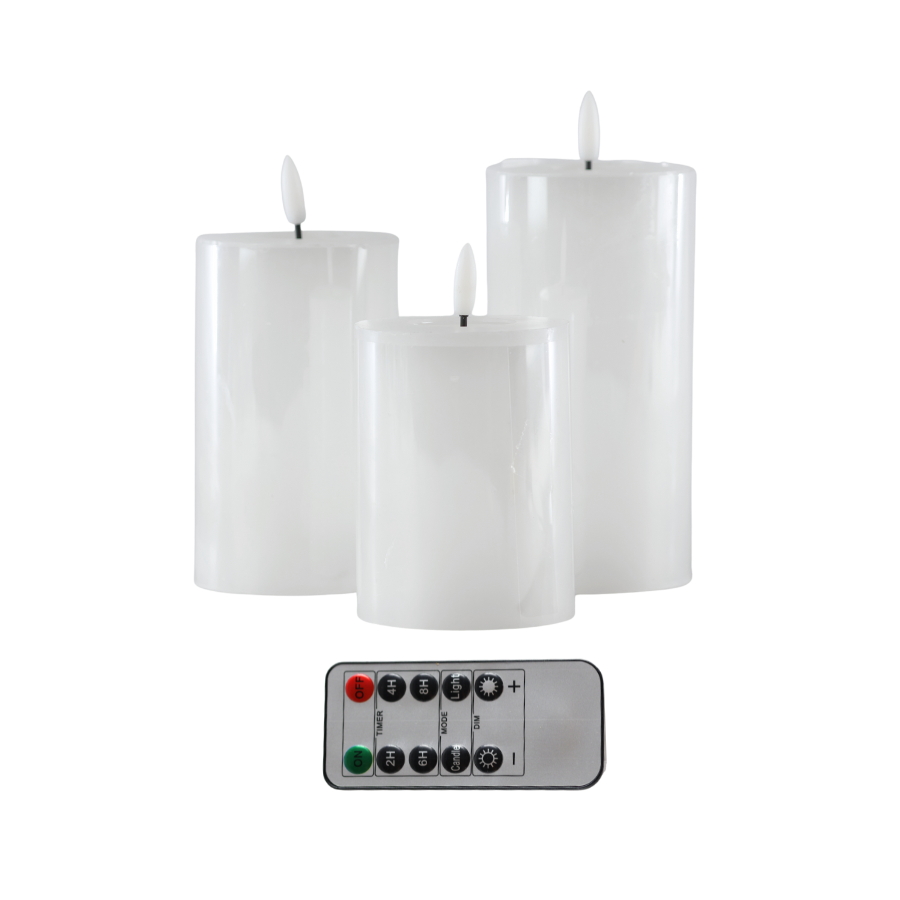 Bloklys Resin 3D Flamme m. Fjernbetjening Hvid 3 stk