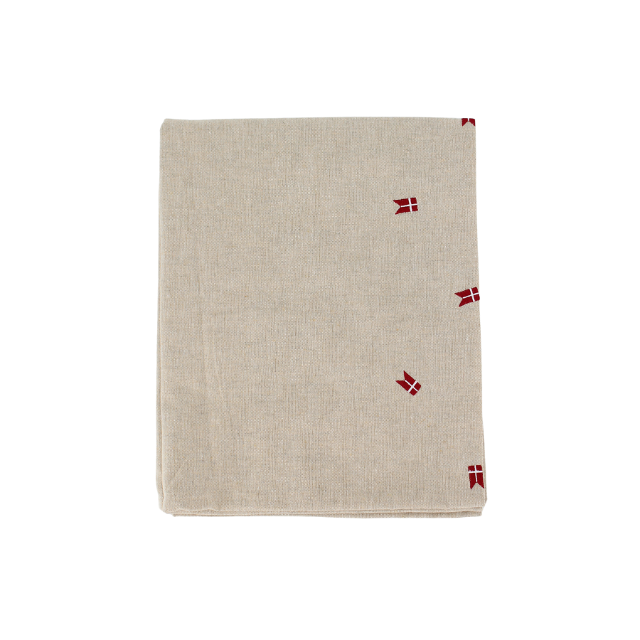 Dug m. Broderet Dansk Flag ( 140x270cm) Hørfarve