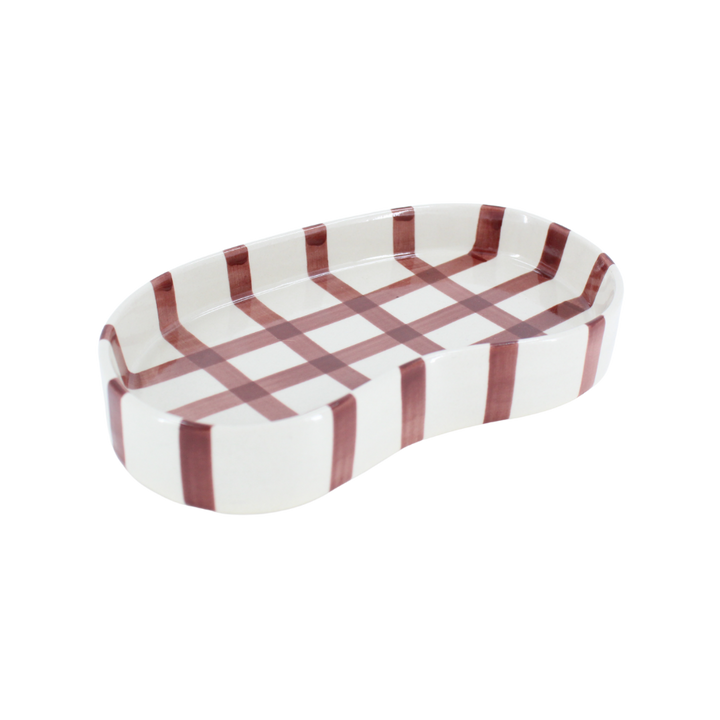 Keramik Bakke BIDDA i Beige m. Burgundy Striber (12,2x20x3cm)