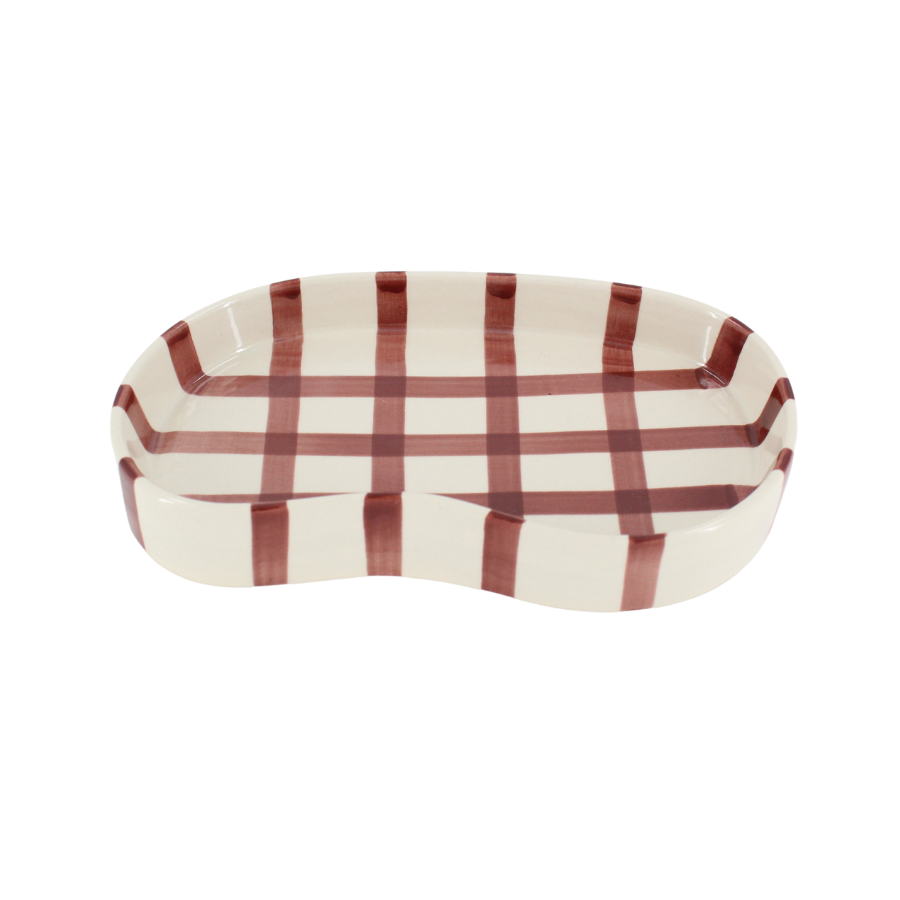 Keramik Bakke BIDDA i Beige m. Burgundy Striber (12,2x20x3cm)