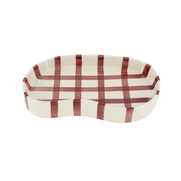 Keramik Bakke BIDDA i Beige m. Burgundy Striber (12,2x20x3cm)