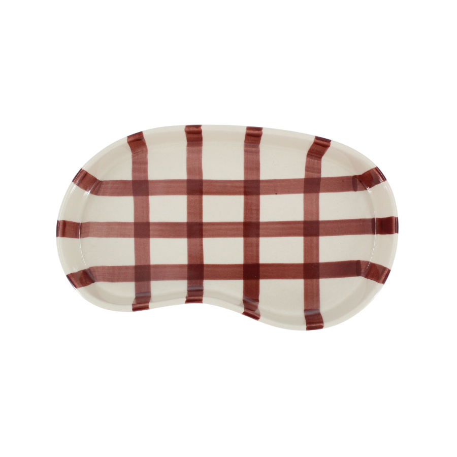 Keramik Bakke BIDDA i Beige m. Burgundy Striber (12,2x20x3cm)
