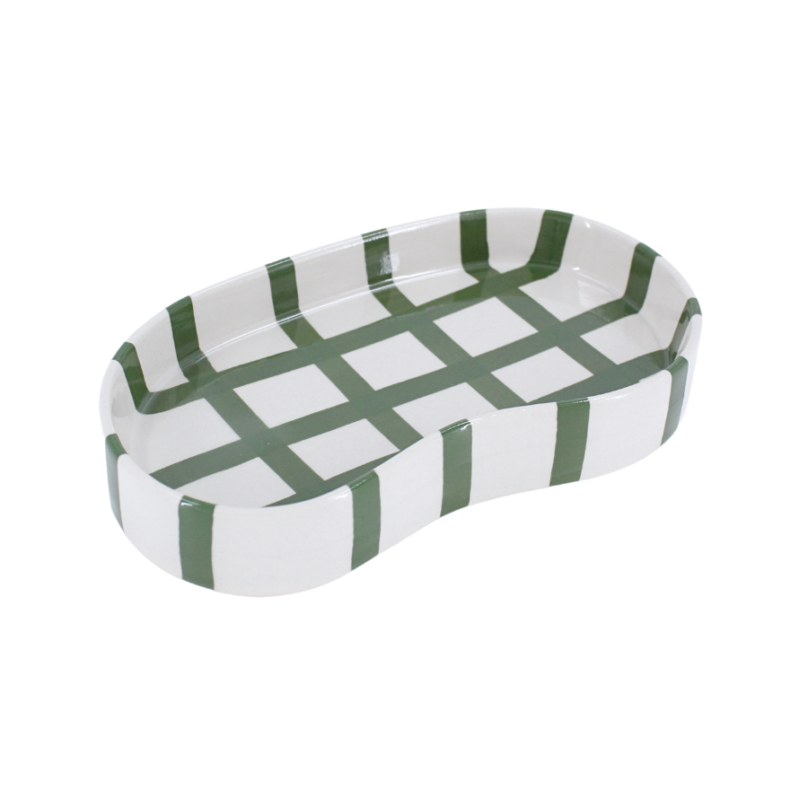 Keramik Bakke BIDDA i Beige m. Grøn Striber (12,2x20x3cm)