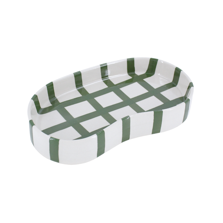 Keramik Bakke BIDDA i Beige m. Grøn Striber (12,2x20x3cm)