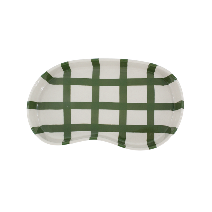 Keramik Bakke BIDDA i Beige m. Grøn Striber (12,2x20x3cm)