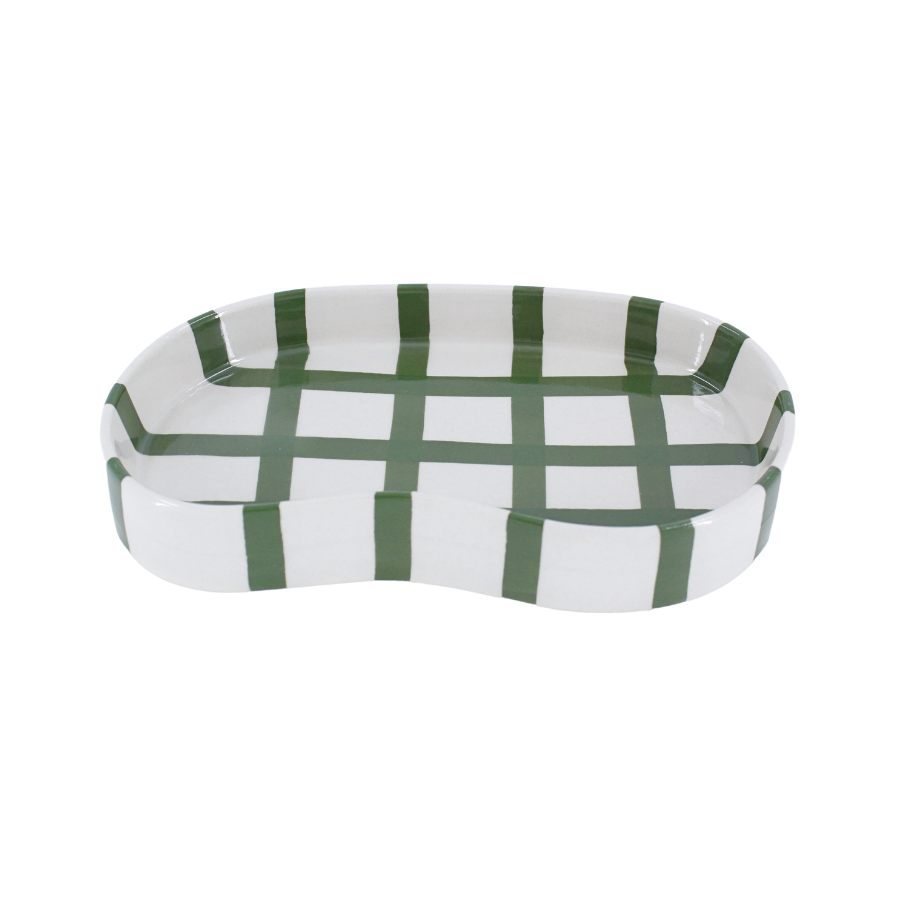 Keramik Bakke BIDDA i Beige m. Grøn Striber (12,2x20x3cm)