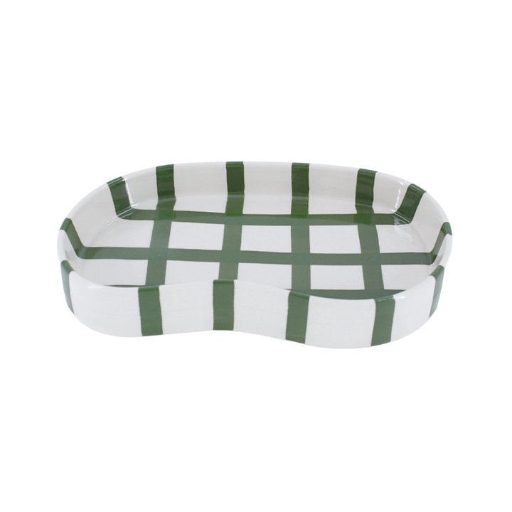 Keramik Bakke BIDDA i Beige m. Grøn Striber (12,2x20x3cm)