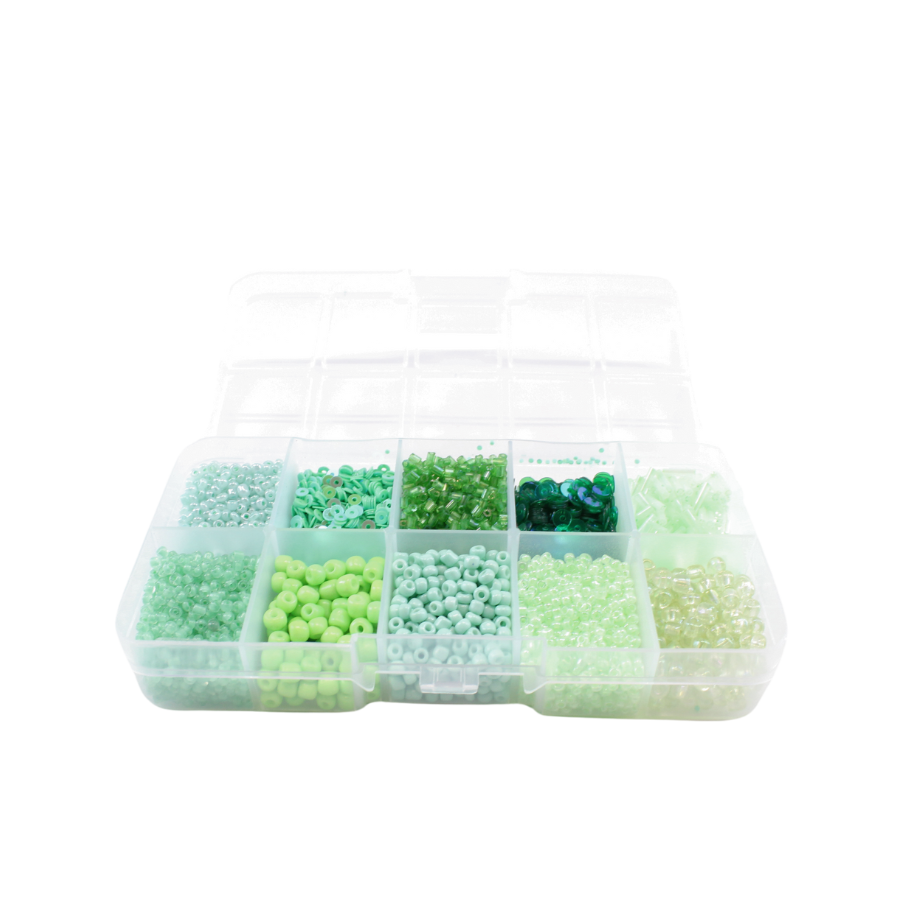 Perler i æske m/10 rum, mix grøn