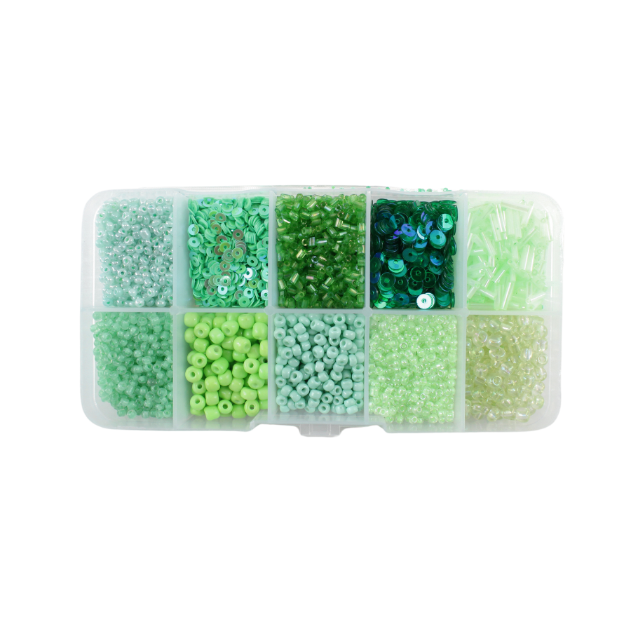 Perler i æske m/10 rum, mix grøn