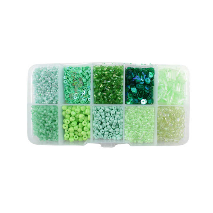 Perler i æske m/10 rum, mix grøn