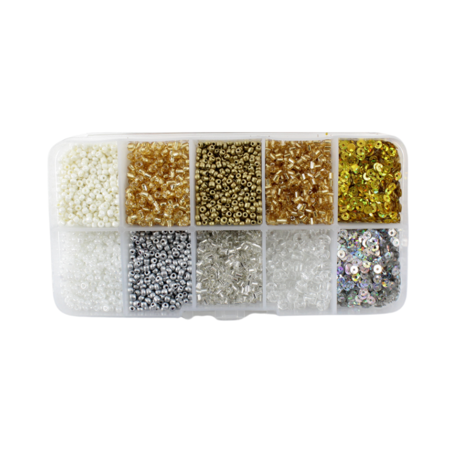 Perler i æske m/10 rum, mix guld/sølv
