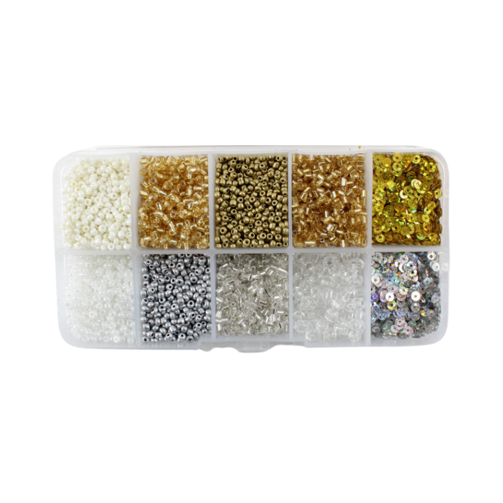 Perler i æske m/10 rum, mix guld/sølv