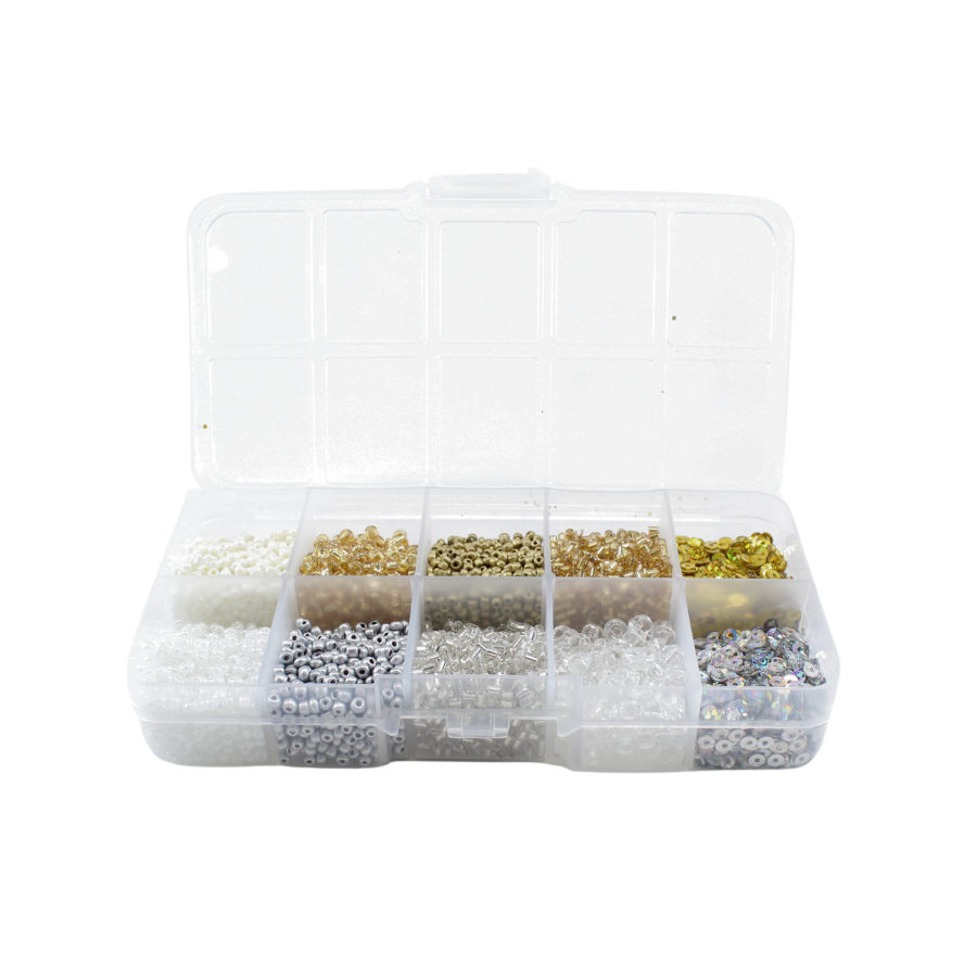 Perler i æske m/10 rum, mix guld/sølv