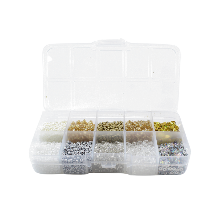 Perler i æske m/10 rum, mix guld/sølv