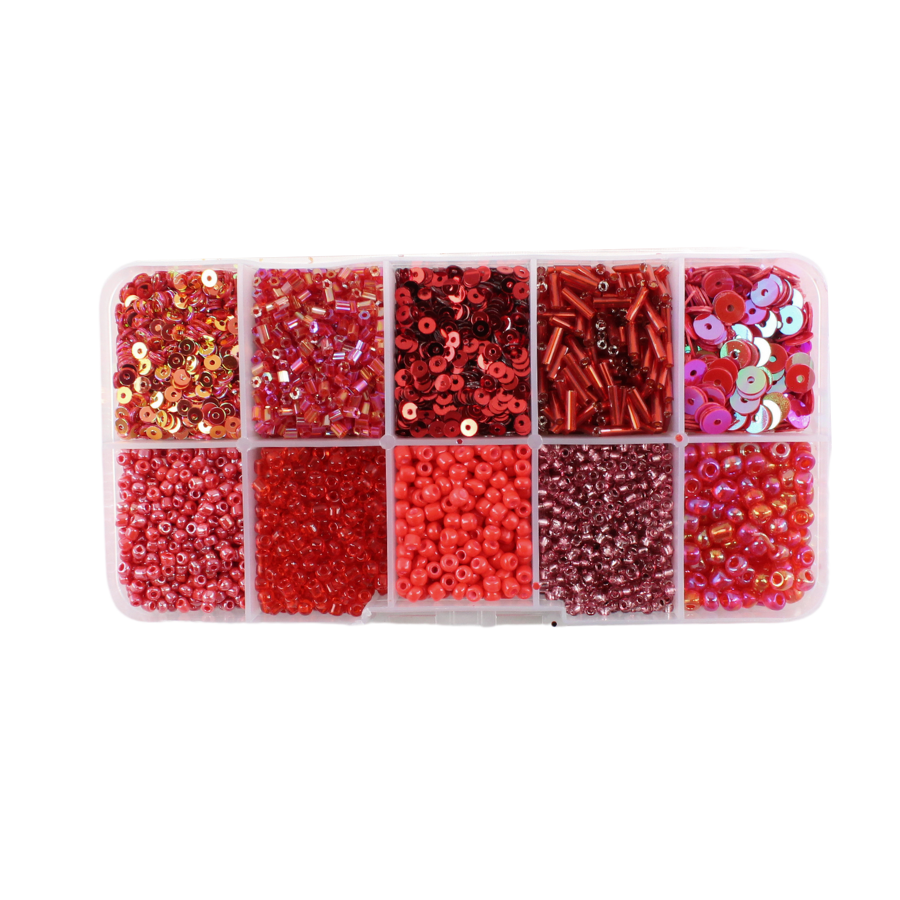 Perler i æske m/10 rum, mix rød