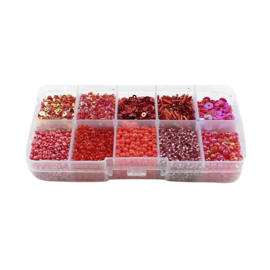 Perler i æske m/10 rum, mix rød
