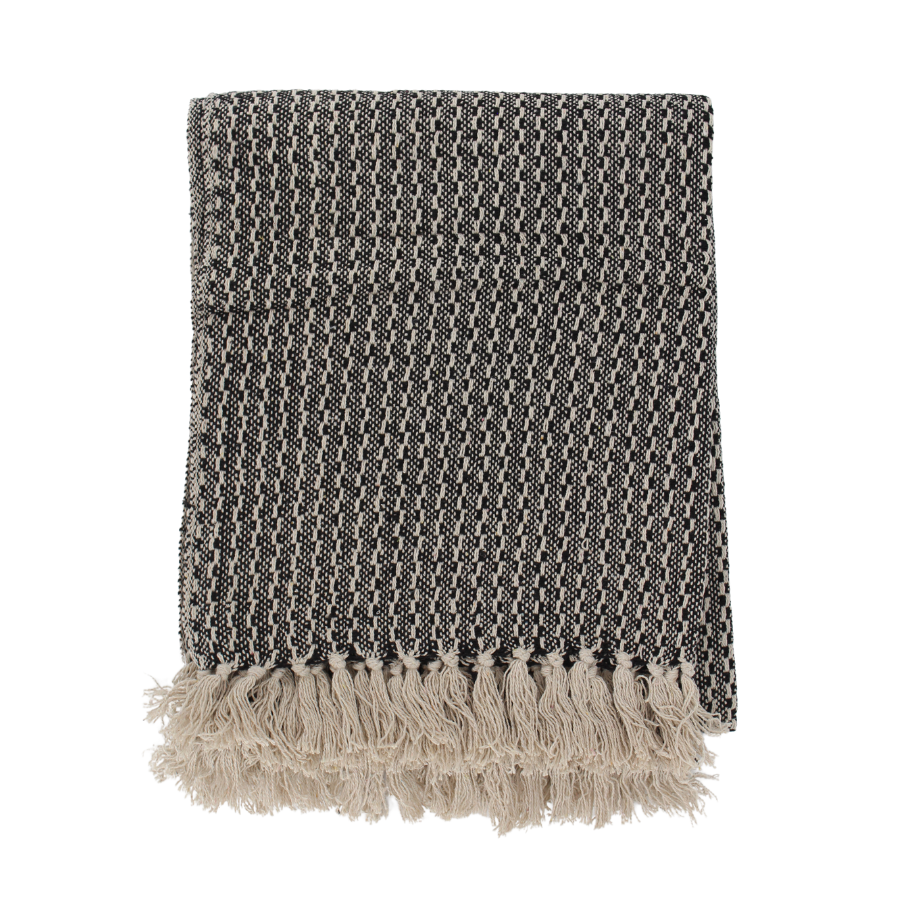 Plaid m. Grafisk Strib. (125x150cm). Sort/Natur