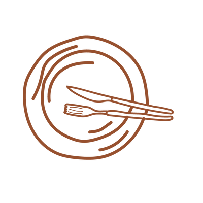 Stregtegning af tallerken og bestik der illustrerer kategorien "alt til borddækning"