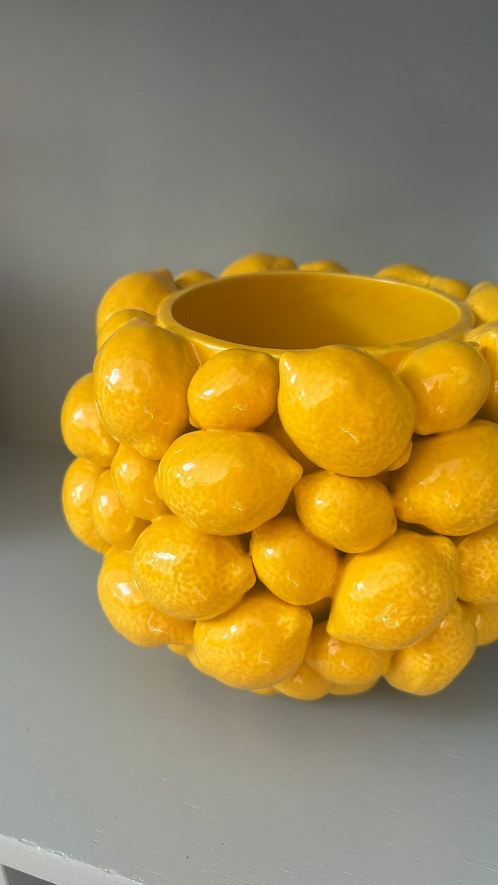 Keramik Vase m. Citroner i Gul (Ø18x15cm)