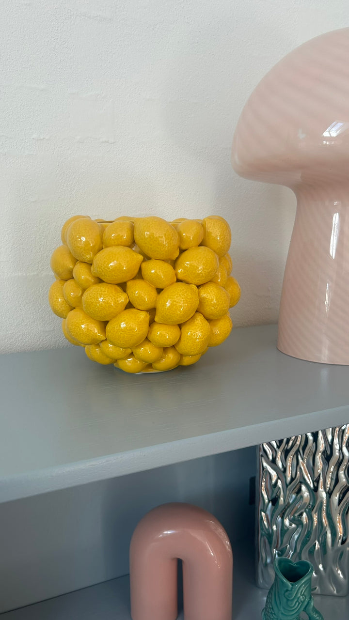 Keramik Vase m. Citroner i Gul (Ø18x15cm)