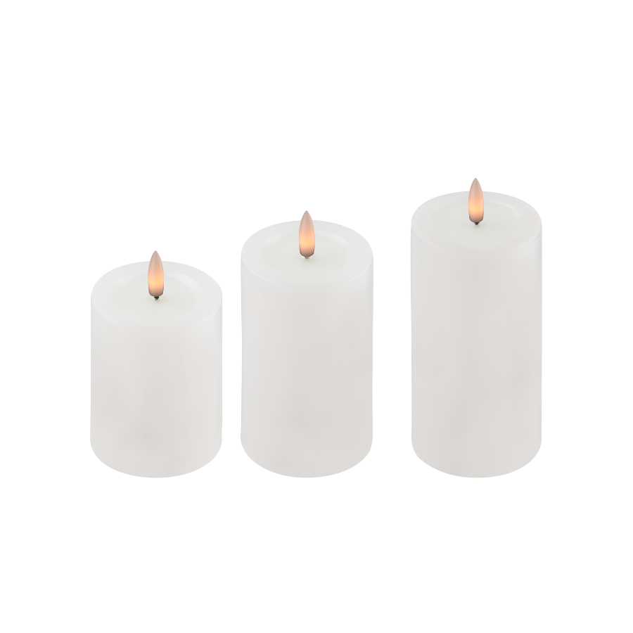 Bloklys Resin 3D Flamme m. Fjernbetjening Hvid 3 stk