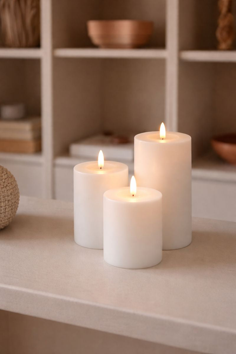 Bloklys Resin 3D Flamme m. Fjernbetjening Hvid 3 stk