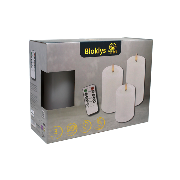 Bloklys Resin 3D Flamme m. Fjernbetjening Hvid 3 stk