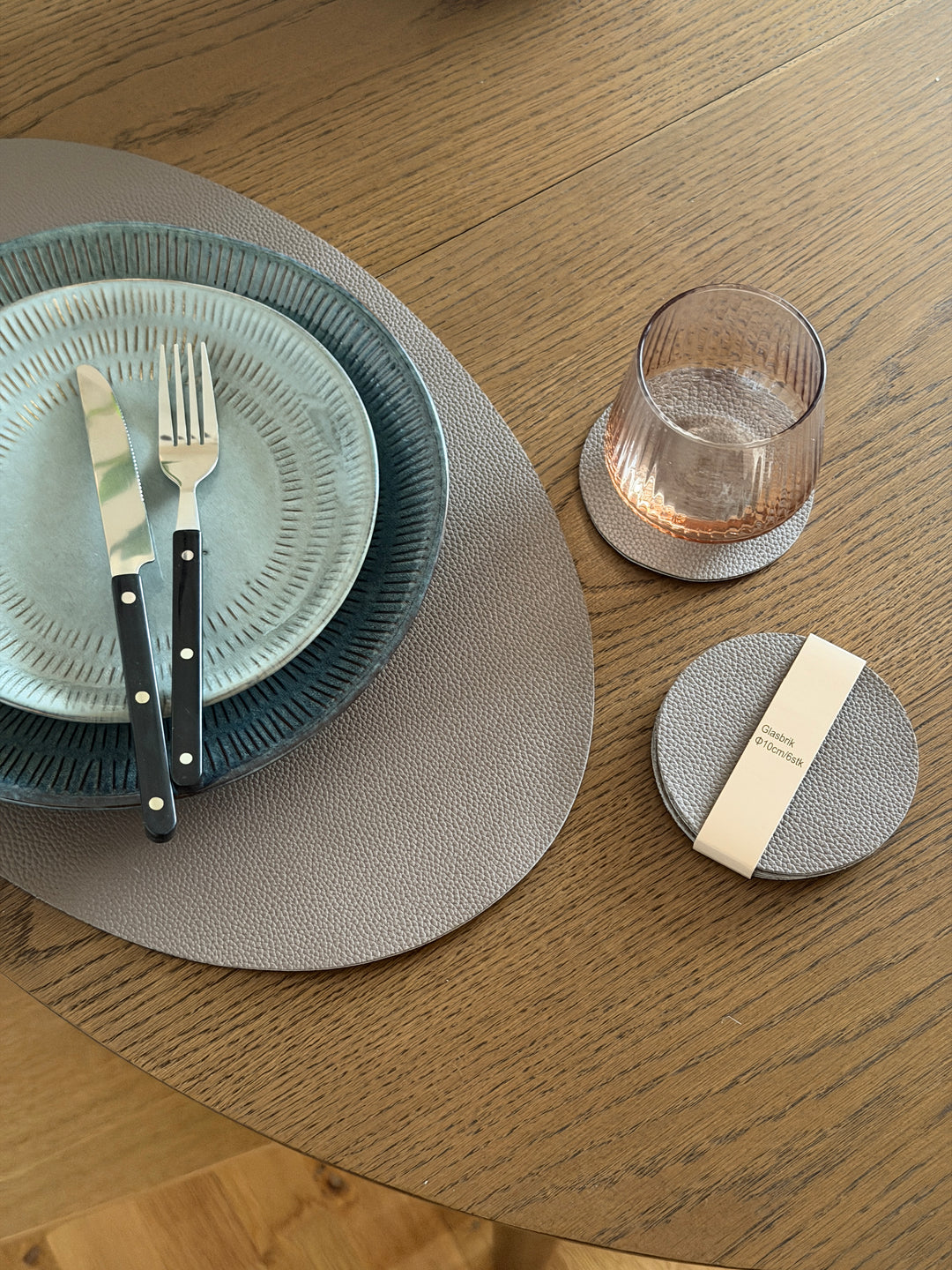Glasbrik Rund PU Læder (Ø10 cm)Beige/Brun 6 stk