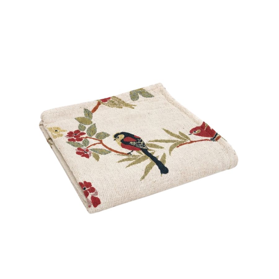 Plaid Jacquard Bomuld m. Fugle 125x150cm Hvid
