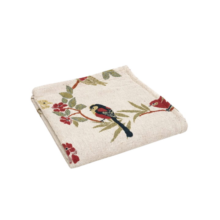 Plaid Jacquard Bomuld m. Fugle 125x150cm Hvid