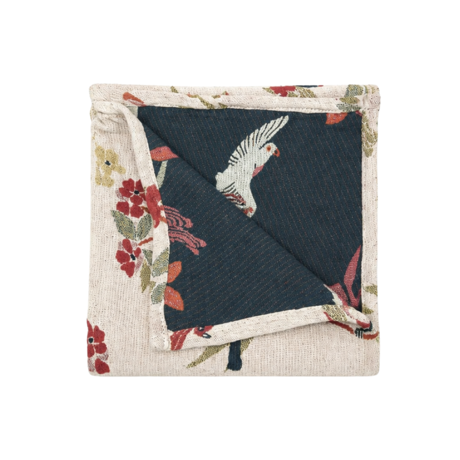 Plaid Jacquard Bomuld m. Fugle 125x150cm Hvid