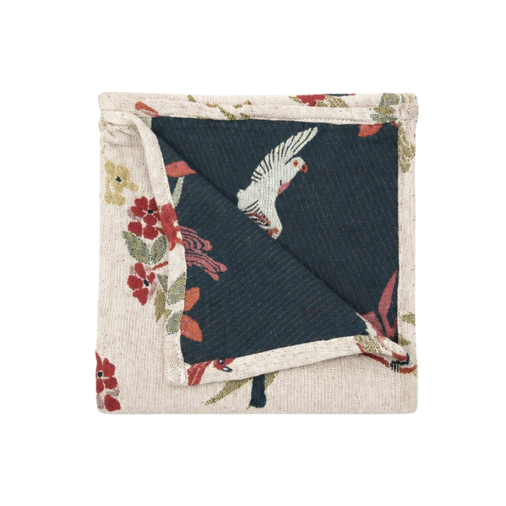Plaid Jacquard Bomuld m. Fugle 125x150cm Hvid
