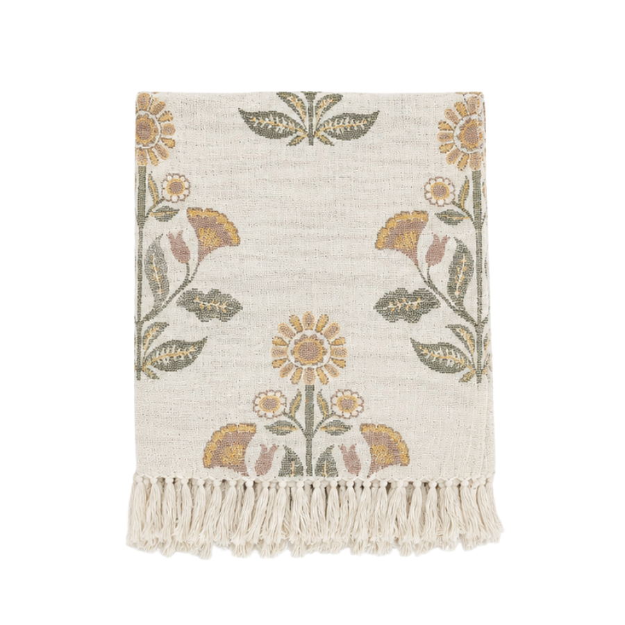 Plaid Jacquard Bomuld m. Blomster 125x150cm Hvid