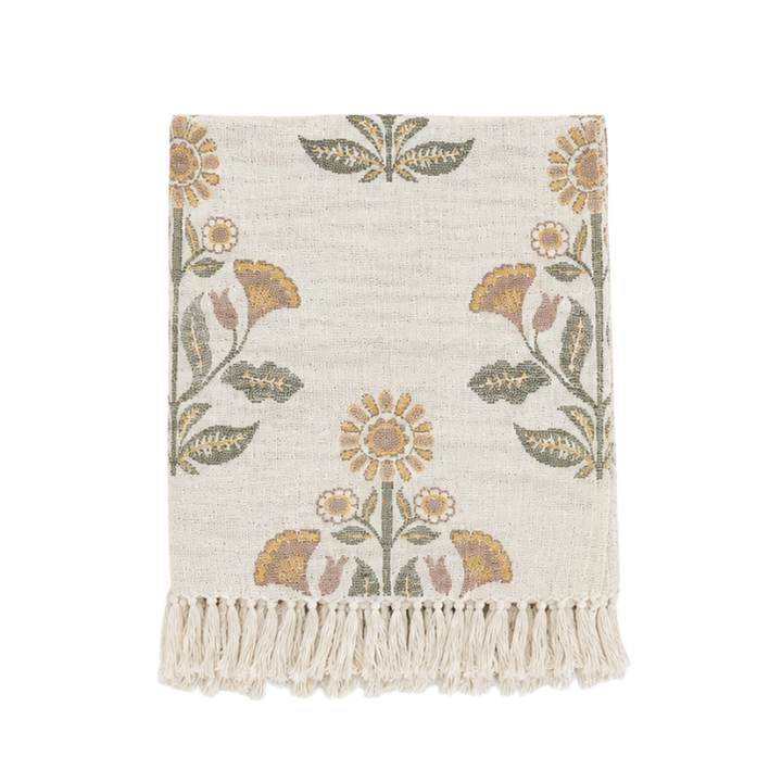 Plaid Jacquard Bomuld m. Blomster 125x150cm Hvid