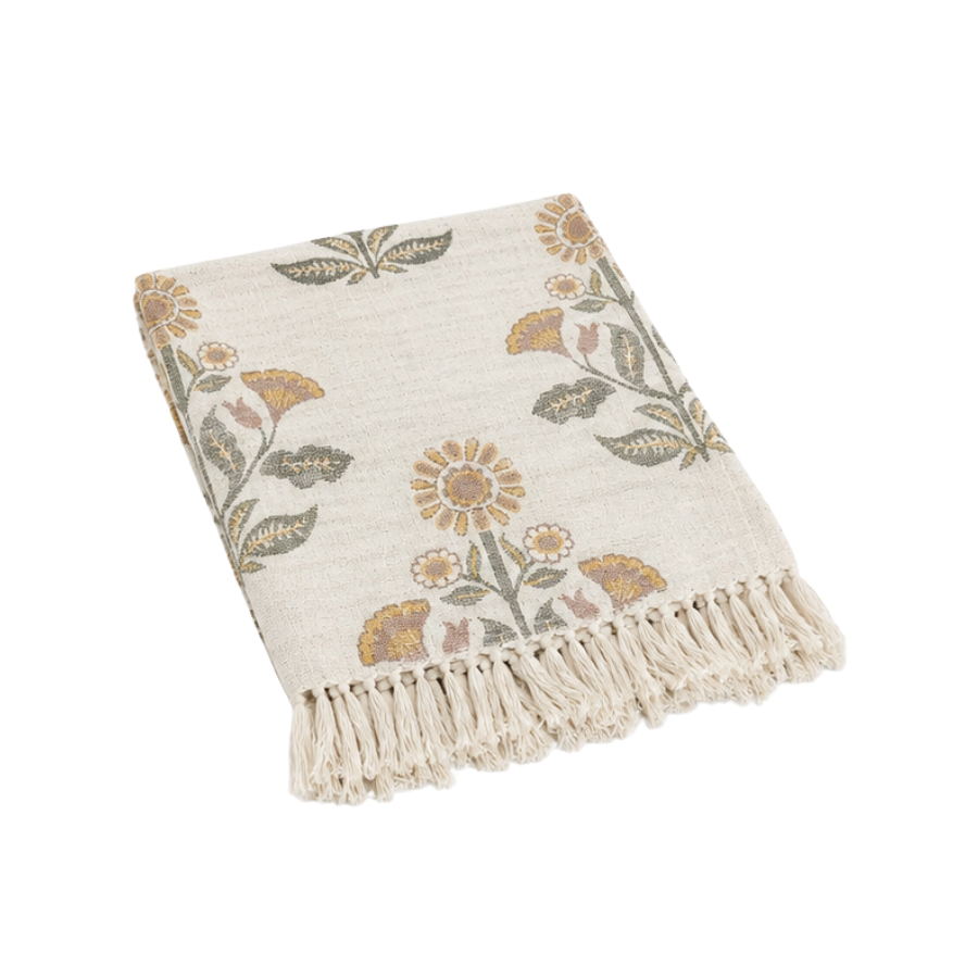 Plaid Jacquard Bomuld m. Blomster 125x150cm Hvid