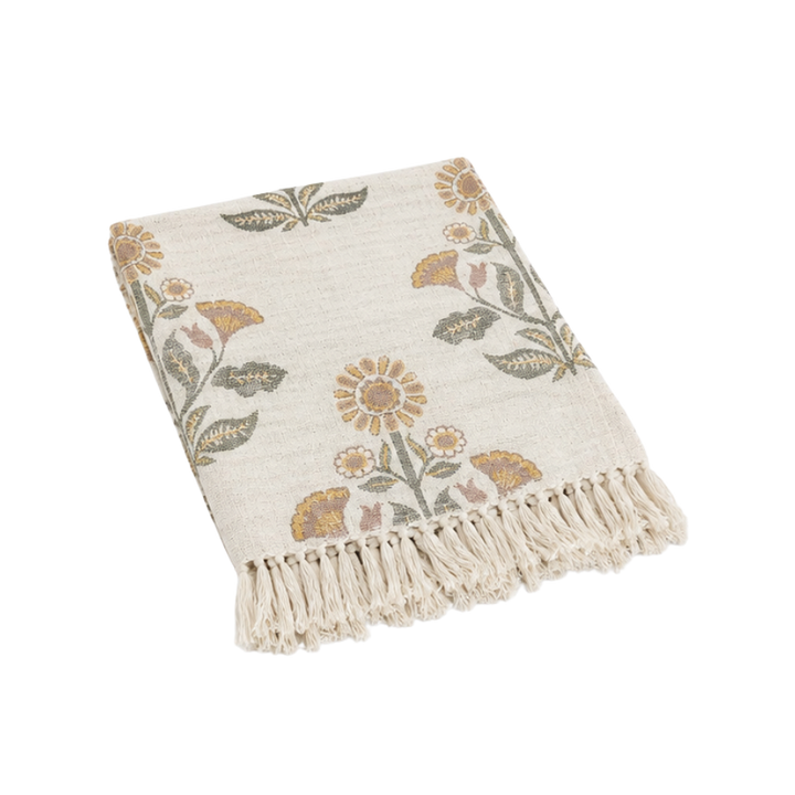 Plaid Jacquard Bomuld m. Blomster 125x150cm Hvid