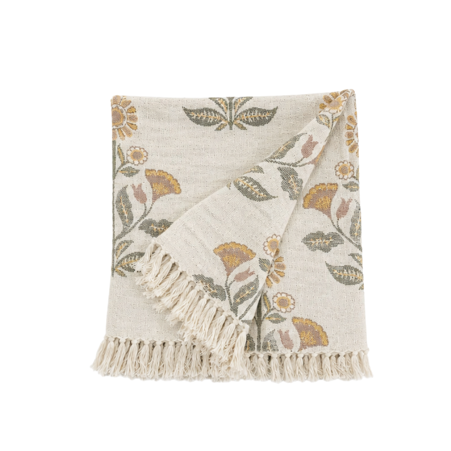 Plaid Jacquard Bomuld m. Blomster 125x150cm Hvid