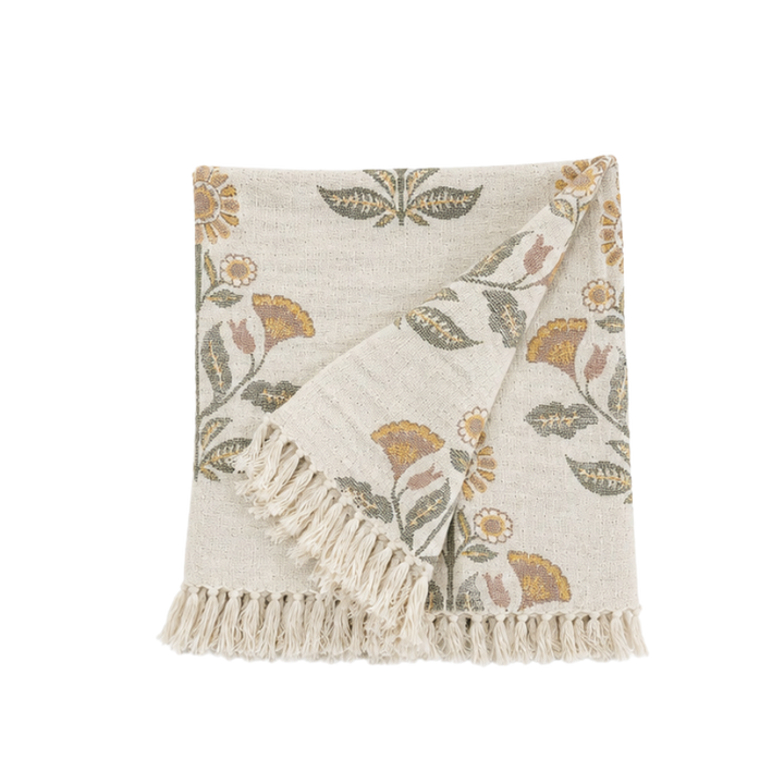 Plaid Jacquard Bomuld m. Blomster 125x150cm Hvid