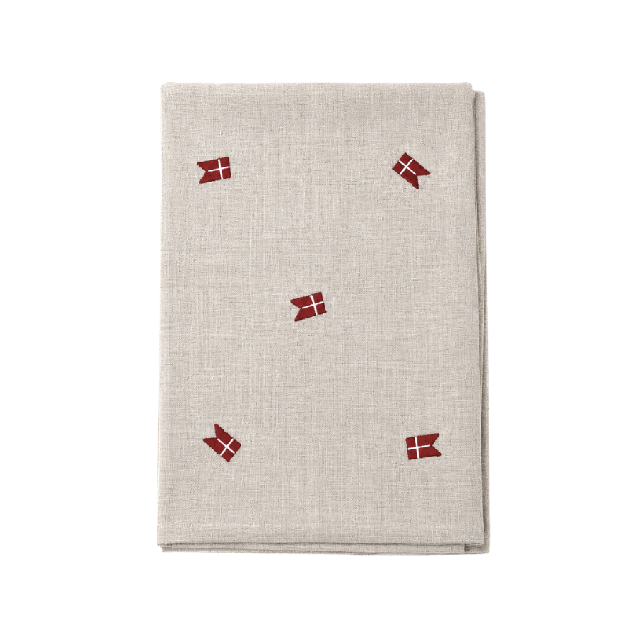 Dug m. Broderet Dansk Flag ( 140x270cm) Hørfarve