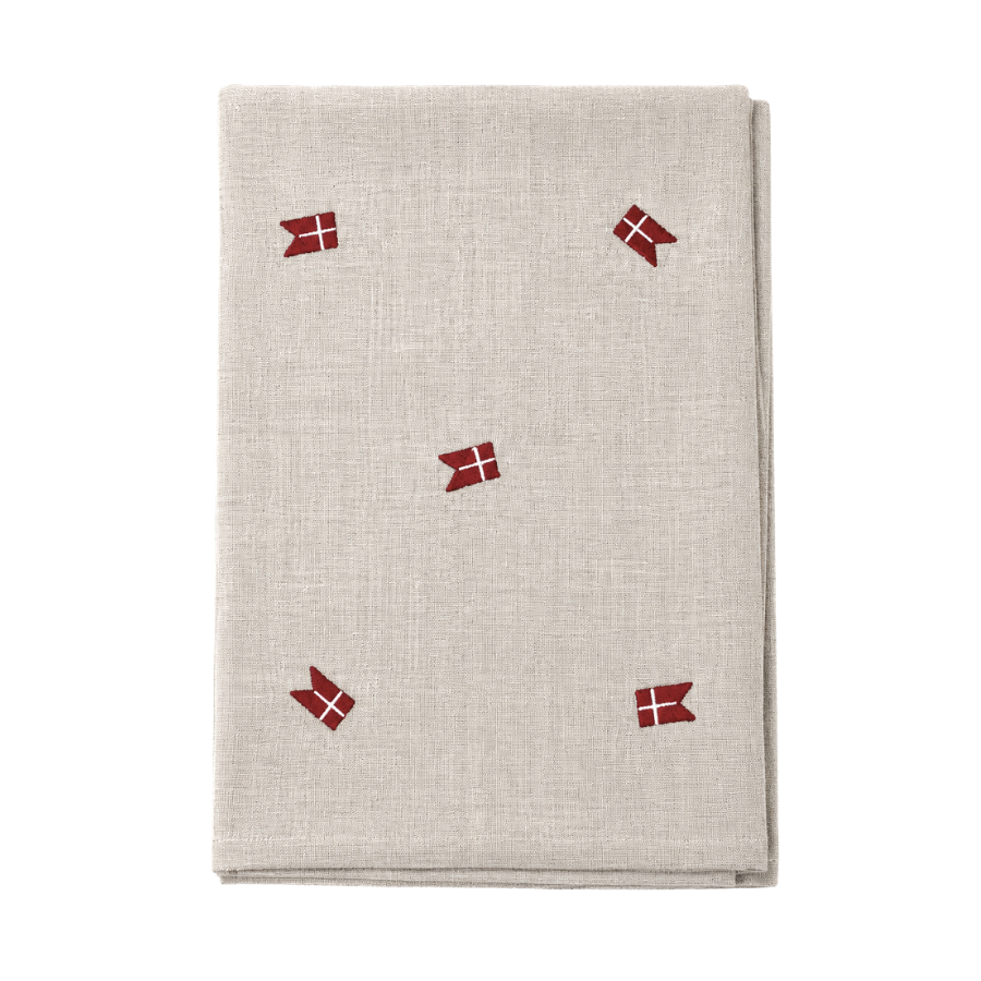 Dug m. Broderet Dansk Flag. (140x320cm) Hørfarve