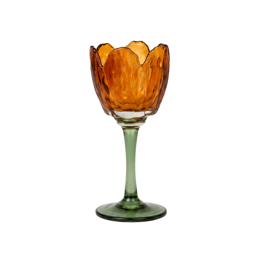 Fyrfadsstage Blomst Glas Amber/Grøn 9x20,5cm