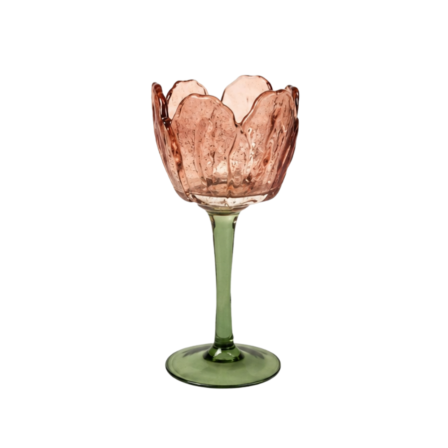Fyrfadsstage Blomst Glas Rosa/Grøn 9x20,5cm