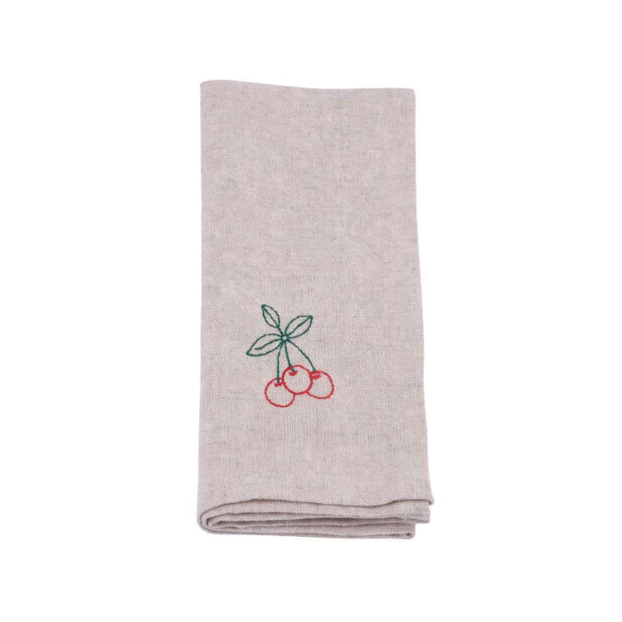Stofserviet m. Broderet Kirsebær( 40x40cm) Camel Beige