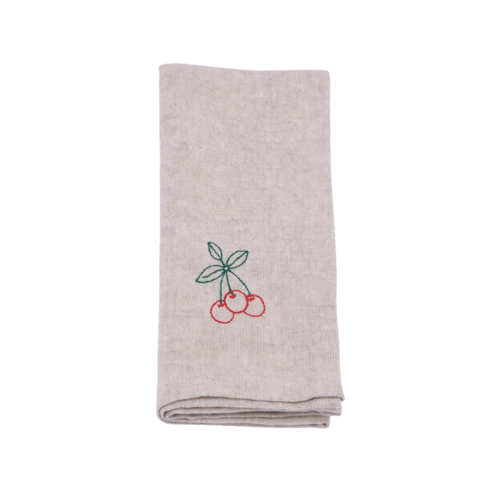 Stofserviet m. Broderet Kirsebær( 40x40cm) Camel Beige