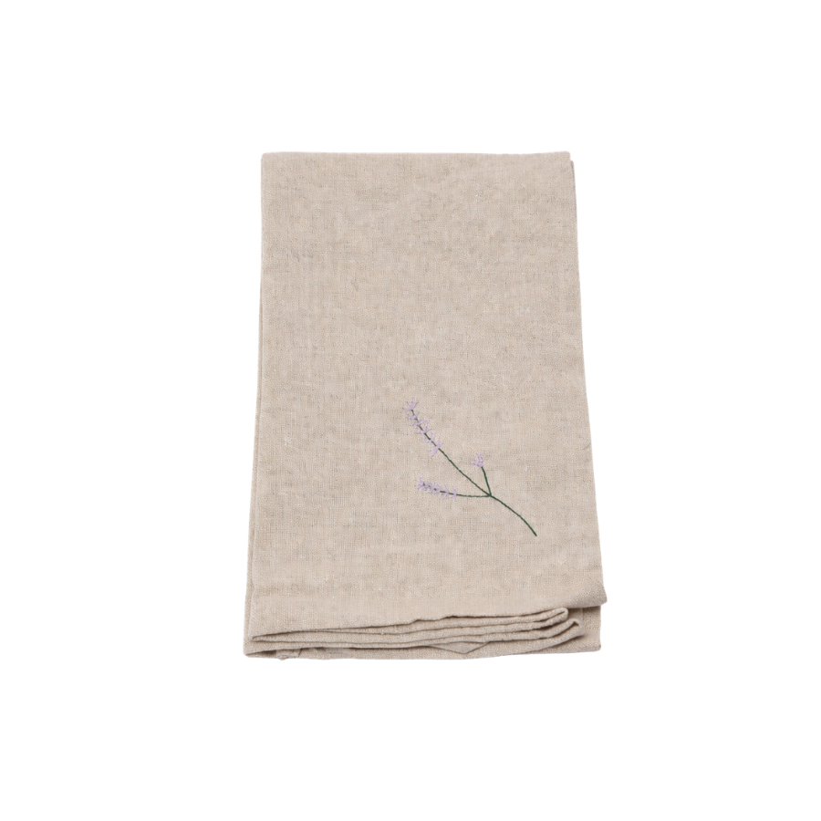 Viskestykke m  Broderet Lavendel (50x70cm).Camel beige