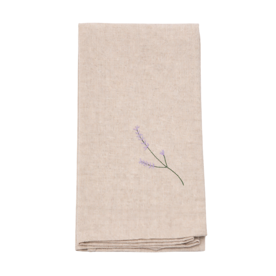 Viskestykke m  Broderet Lavendel (50x70cm).Camel beige